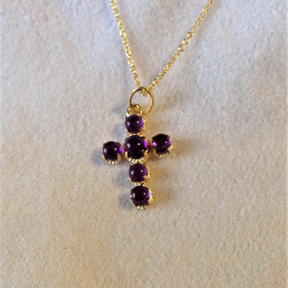 Italian Gold Gemstone Cross Pendant 18" Chain  14KGols 2.0g   Amethyst - NEW